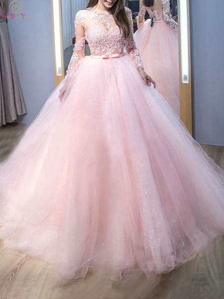 New Quinceanera Dresses Pink Scoop Neck Floor Length Long Sleeve Appliques Ball Gown Formal Party Ceremony Graduation Gowns