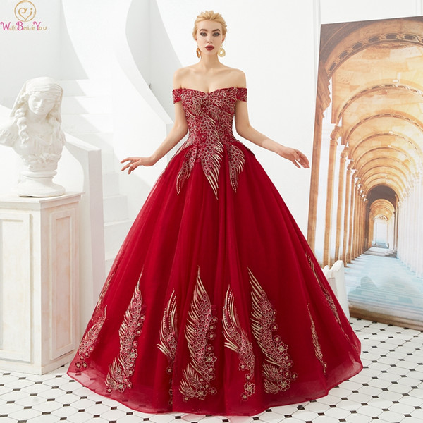 Wine Red New Quinceanera Dresses Boat Neck Off Shoulder Floor Length Ball Gown Formal Party Ceremony Long Graduation Gowns