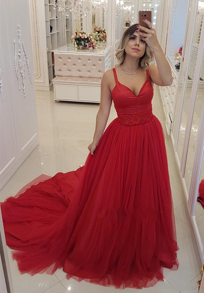 Beautiful Red V-neck Arabic Long Tulle Satin Beaded Middle East Appliques Beaded Formal Prom Gowns Robe De Ba Quinceanera l Evening Dresses