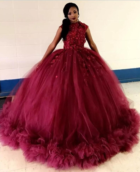 African Burgundy Ball Gown Quinceanera Dresses Jewel Cap Sleeves Appliqued Ruched Prom Party Gowns Sweet 15 vestidos de 15 anos