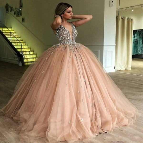 Champagne Tulle Ball Gown Quinceanera Dress Elegant Heavy Beaded Crystal Deep V Neck Sweet 16 Dresses Evening Prom Gowns BC0971