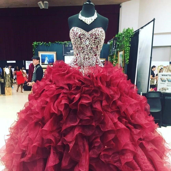 Crystal Beaded Sweetheart Bodice Corset Organza Ruffles Ball Gowns Quinceanera Dresses Burgundy Vestidos De 15 Anos Gowns BC1893