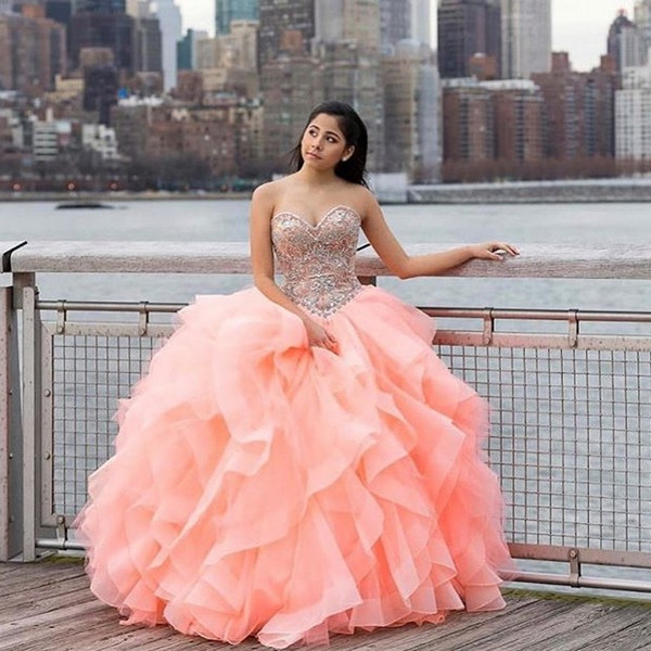 Water Melon Ball Gown Quinceanera Dresses Floral Sweetheart Beaded Lace Top Cascading Ruffle Skirt Sweet 16 Prom Gowns