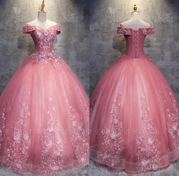 Princess Pink Off Shoulder Quinceanera Dresses Lace-up Back Appliques Ball Gown Prom Party Dresses BC1718