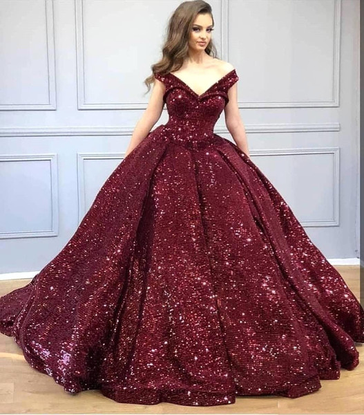 New Burgundy Sequined Off Shoulder Quinceanera Dresses V Neck Sequins Ball Gown Evening Party Dress BC1892