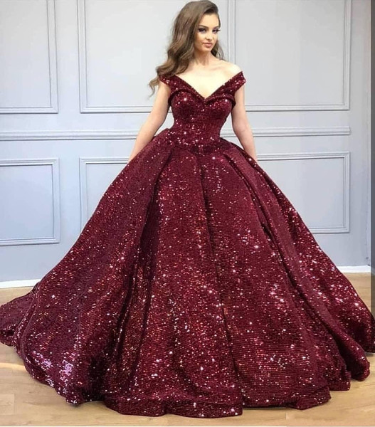 Sparkly Burgundy Sequined Off Shoulder Quinceanera Dresses V Neck Sequins Ball Gown Evening Party Dress