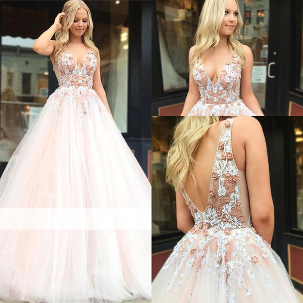 Blush Pink Quinceanera Dress Beaded Rhinestones Top Ball Gowns Deep V Neck Low Backless Long Ruched Prom Evening Gowns BC1916