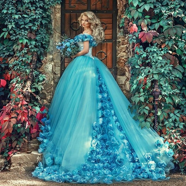 Fashion Cinderella Blue masquerade Ball Gown Quinceanera Dresses Handmade Flowers Off the shoulder Court Train Tulle Prom sweet 16 Dress