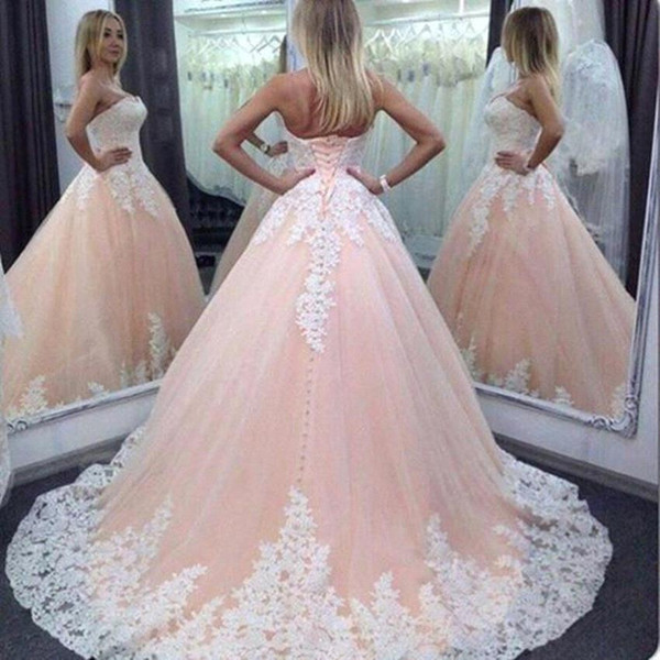 Princess Pink Ball Gown Quinceanera Dresses Strapless With White Appliques Lace-up Back Long Sweet 15 Prom Evening Gowns BC0873