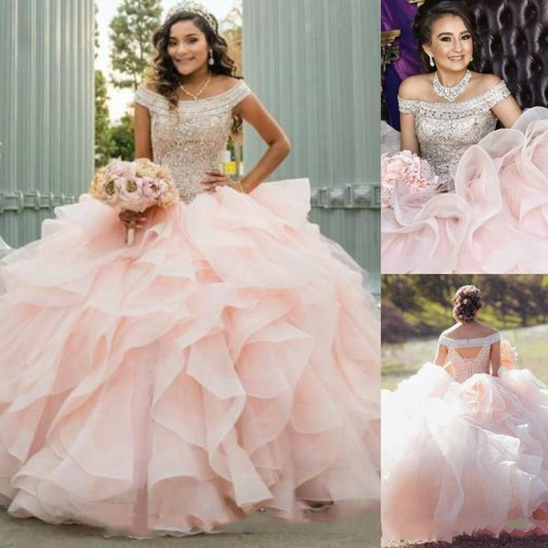 Peach Ball Gown Quinceanera Dresses Off Shoulder Hollow Back Cascading Ruffles Beads Prom Party Gowns For Sweet 15 Plus Size