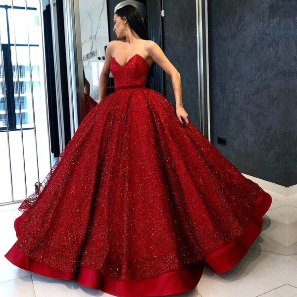 Gorgeous Red Ball Gown Quinceanera Dresses Elegant Sweetheart Sequins Beads Satin Long Party Evening Gowns Formal Puffy Prom BC0890