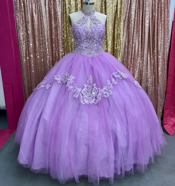 Real Image Purple Quinceanera Dresses Ball Gowns High Neck Appliques Crystals Puffy Sweet 16 vestidos de 15 Anos