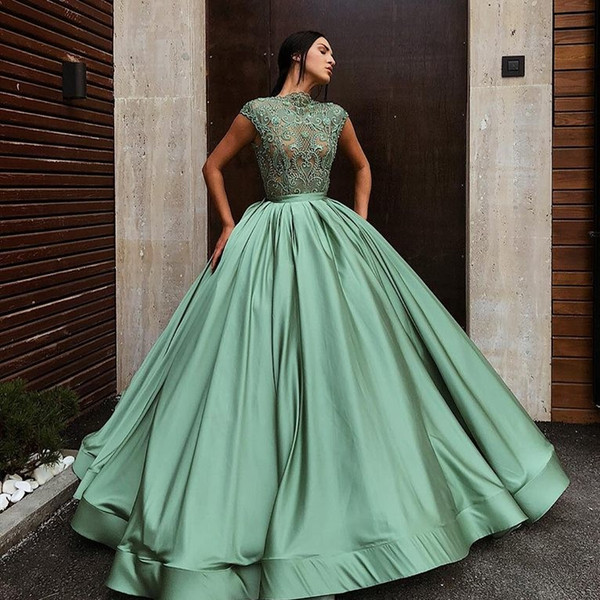 Ocean Green Quinceanera Dresses Princess Ball Gown Cap Sleeves Sweet 16 Satin Ruffles Appliques Long Prom Dress Evening Gowns