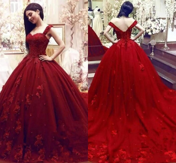 Dark Red Ball Gown Quinceanera Dresses Puffy Tulle Appliques Sequins Ruched Long Formal Evening Pageant Gowns Sweet 15 Vestidos BC1776