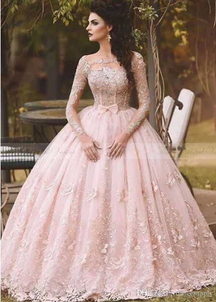 Vestidos Blush Pink Lace Ball Gown Quinceanera Dress Long Sleeves Boat Neck 3D Flora Princess Bridal Gowns Arabic Dubai BA5448