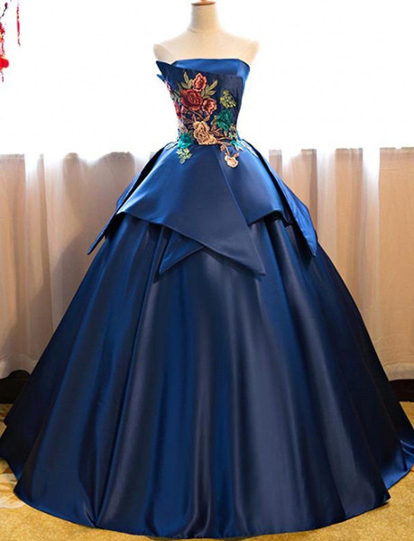 Elegant Royal Blue Satin Quinceanera Dresses Beautiful Flora Embroidery Ball Gown Strapless Peplum Formal Prom Evening Gowns BC0149