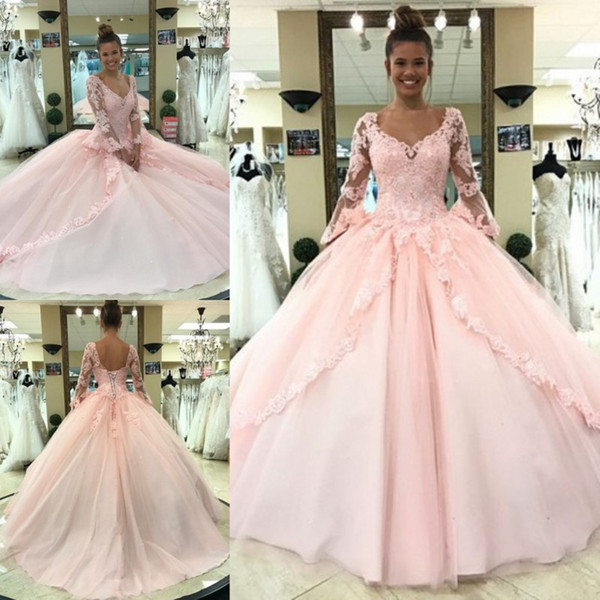 New Arrival Pink Quinceanera Dresses Princess Ball Gown Long Sleeves Sheer Lace Appliques V Neck Sweet 15 Pageant Party Gowns Corset