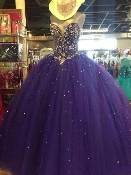 Grape Ball Gown Tulle Quinceanera Dresses Strapless Crystal Beaded A Line Floor Length Corset Back Sweet 16 Prom Gowns BC0700