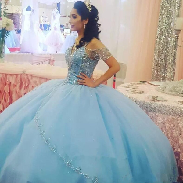 Elegant Light Sky Blue Quinceanera Dresses Spaghetti with Beads Princess Ball Gowns Floor Length Girls Prom Party Gowns BC0083