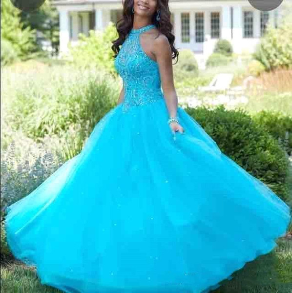 Light Blue Tulle Ball Gown Quinceanera Dresses Halter Neck Beads Appliques Sleeveless Sweet 16 Quinceanera Gowns BC0965