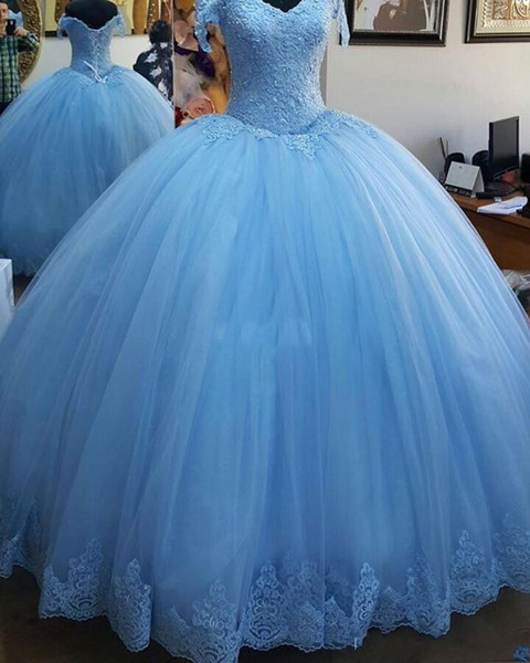 Light Blue Ball Gown Princess Quinceanera Dresses Cap Sleeve Appliques Tulle Lace up Back Prom Dresses Sweet 16 Birthday Dresses