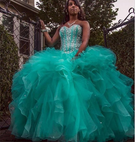 Hunter Green Quinceanera Dresses Ball Gown Sweetheart Crystal Beads Lace up Plus Size Prom Party Gowns Organza Sweet 16 Dresses