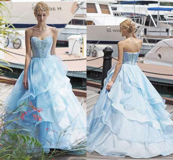 New Light Sky Blue Princess Quinceanera Dresses Cheap Sweet 16 Sweetheart Lace Skirt Button Back Prom Gowns with Cascading Ruffles