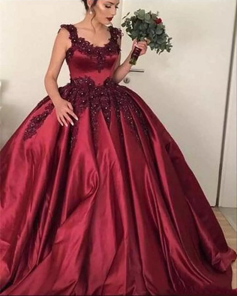 Dark Red Ball Gown Quinceanera Dresses Scoop Neck Lace Appliques Beaded Sweet 16 Dresses Prom Evening Pageant Wear Arabic Bridal Gowns