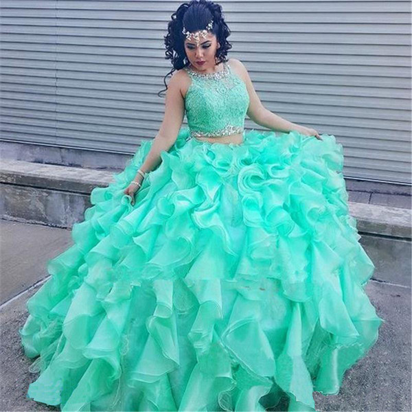 2017 Mint Lace Quinceanera Dresses 2 Piece Ball Gown Princess Puffy Ruffle Masquerade Sweet 16 Dresses Prom Girls vestidos de 15 anos 2y