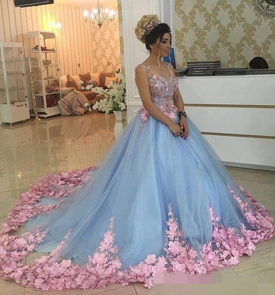 Baby Blue 3D Floral Masquerade Ball Gowns Luxury Cathedral Train Flowers Quinceanera Dresses Prom Gowns Sweety Girls 16 Years Dress