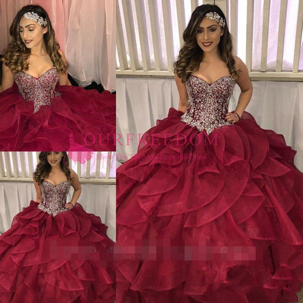 Burgundy Sweetheart Neck Beaded Crystal Quinceanera Dresses Ruffles Tiered Skirts Sweet 16 18 Ball Gown Special Occasion Dresses