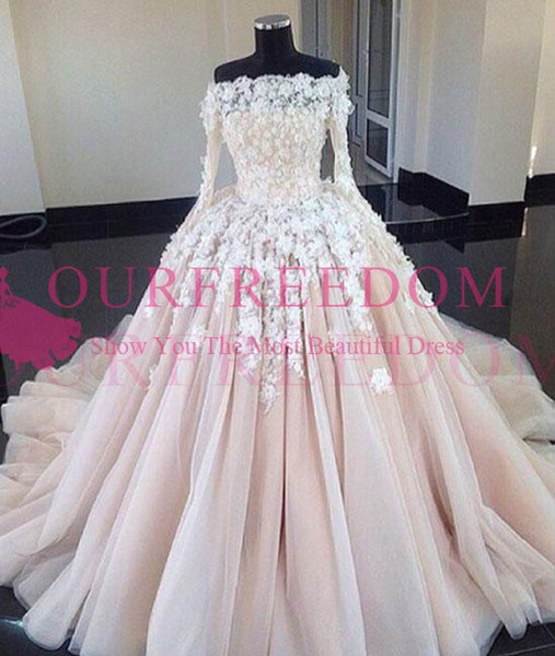 New Pale Pink Tulle Quinceanera Dresses Bateau Neck Long Sleeve A Line 3D Flora Appliques Sweet 16 18 Formal Evening Occasion Dresses