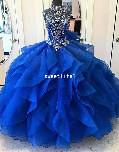 Royal Blue High Neck Crystal Quinceanera Dresses Ruffles Tiered Skirts Organza Sleeveless Sweet 16 Prom Dresses Evening Gown Custom