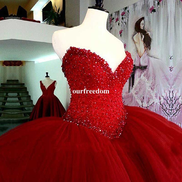 Luxury Heavy Beading Red Quinceanera Dresses Long Puffy Ball Gown Crystal Sweetheart Tulle Vestidos De 15 Prom Dress For Girls