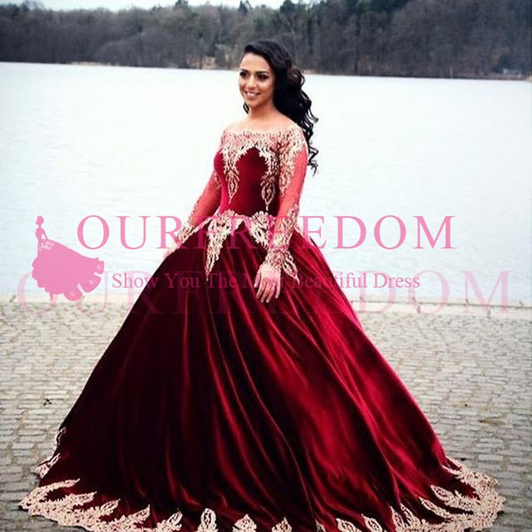 Burgundy Ball Gown Quinceanera Dresses Bateau Neck Long Sleeve Elastic Satin Gold Appliques Sweet 16 18 Formal Evening Dresses Custom