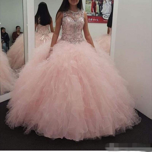 Custom Made Pink Ball Gown Quinceanera Dresses Sheer Neck Beaded Sleeveless Corset Ruffles Tulle Vestidos De 15 Anos Debutante Party Dresses