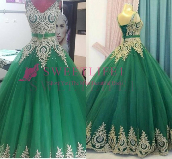 Green With Gold Ball Gown Quinceanera Dresses Corset Back V-Neck Long Masquerade Prom Evening Gowns Plus Size