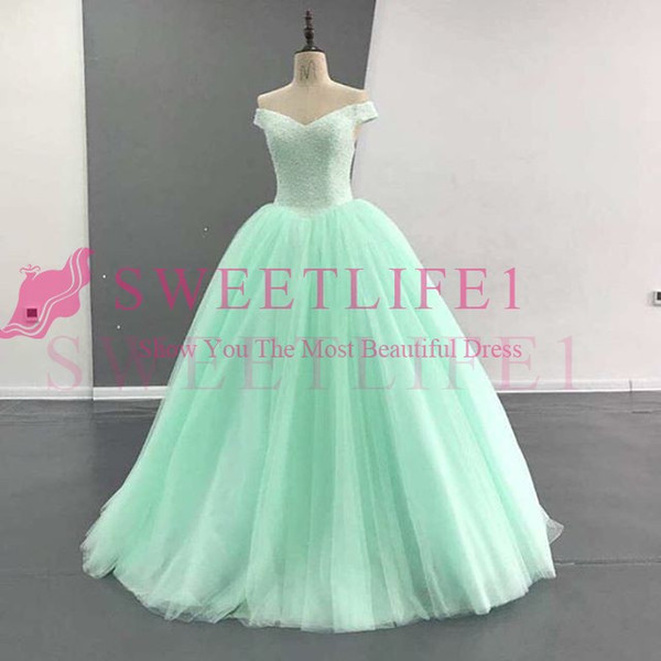 Mint Green Off The Shoulder Quinceanera Dresses Lace Up Beaded Crystal Ball Gown Puffy Tulle Sweet 16 18 Formal Evening Occasion Dress