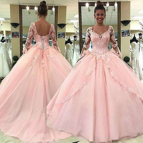 Elegant Long Sleeve Quinceanera Dresses V Neck Lace Appliques Lace Up A Line Sweet 18 Formal Prom Party Gown Custom Made Hot Sale