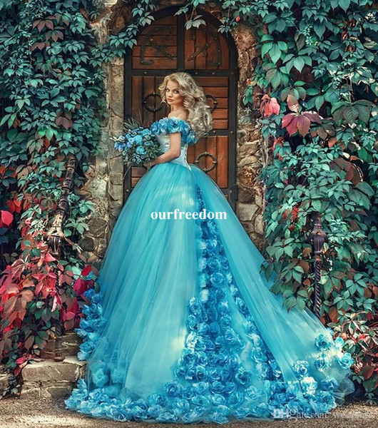 Blue Quinceanera Dresses Ball Gown Hand Made Flowers Off Shoulder Tulle Cheap Sweet 16 Dresses Vestidos De 15 Anos Birthday Dresses