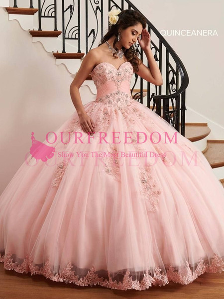 Gorgeous Pink Ball Gown Quinceanera Dresses Sweetheart Neck Lace Up Appliques Rhinestones Sweep Train Sweet 17 18 Formal Occasion Dress