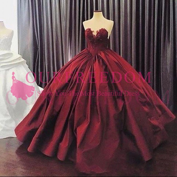 Bungundy Puffy Cheap Quinceanera Dresses Ball Gown Sweetheart Satin Appliques Lace Party Sweet 16 Dresses