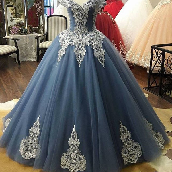 Real Image Off The Shoulder Quinceanera Dresses White Appliques Lace Up Ball Gown Light Blue Tulle Formal Occasion Prom Dresses Custom