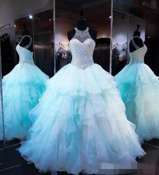 Ice Blue Ruffles Organza Ball Gown Quinceanera Dresses Luxury Beads Pearls Bodice Lace Up 16 Sweet Prom Gowns