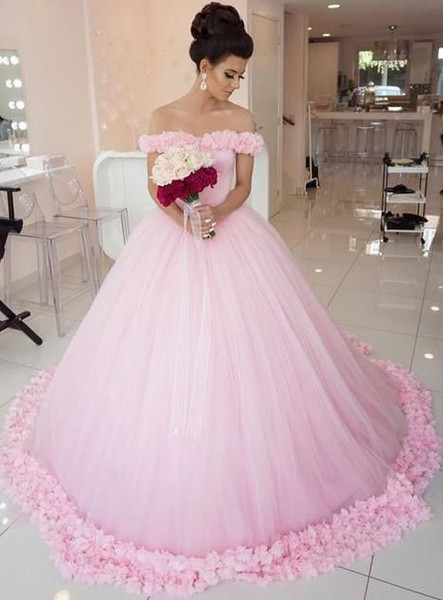 Custom Made Pink 3D Flora Appliques Quinceanera Dresses Off The Shoulder Lace Up Back Sweet 16 Prom Dresses Birthday Evening Dresses