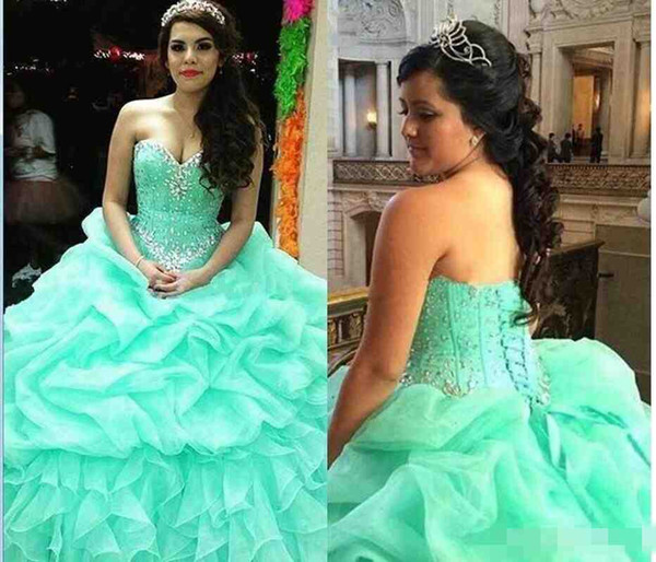 Mint Green Sweetheart Ball Gown Quinceanera Dresses Crystal Beaded Ruffles Tiered Organza Sweet 16 Lace Up Quinceanera Gowns