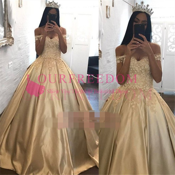 Champagne Gold Off The Shoulder Quinceanera Dresses Appliques Ball Gown Sweep Train Zipper Back Formal Evening Occasion Dresses Custom