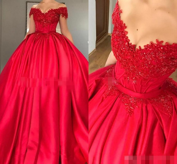 Red Stain Off The Shoulder Quinceanera Dresses Lace Appliques Beaded Ball Gown Puffy Sweet 16