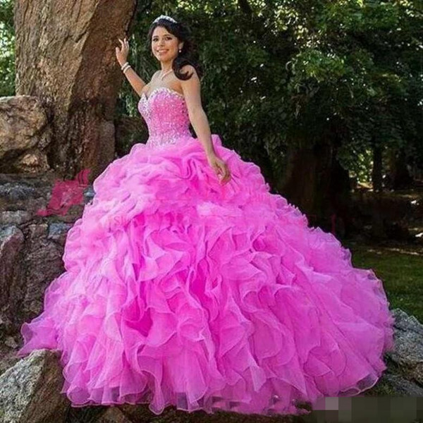 Elegant Fuchsia Quinceanera Dresses With Beads Crystals Lace Up Sweetheart Ball Gown Graduation Dress Custom Size Sweet 16 Prom Dress