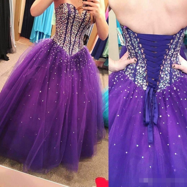 Modest Purple Tulle Ball Gown Quinceanera Dresses Lace Up Back Sweetheart Beaded Crystal Sweet 15 18 Prom Party Gown Custom Made